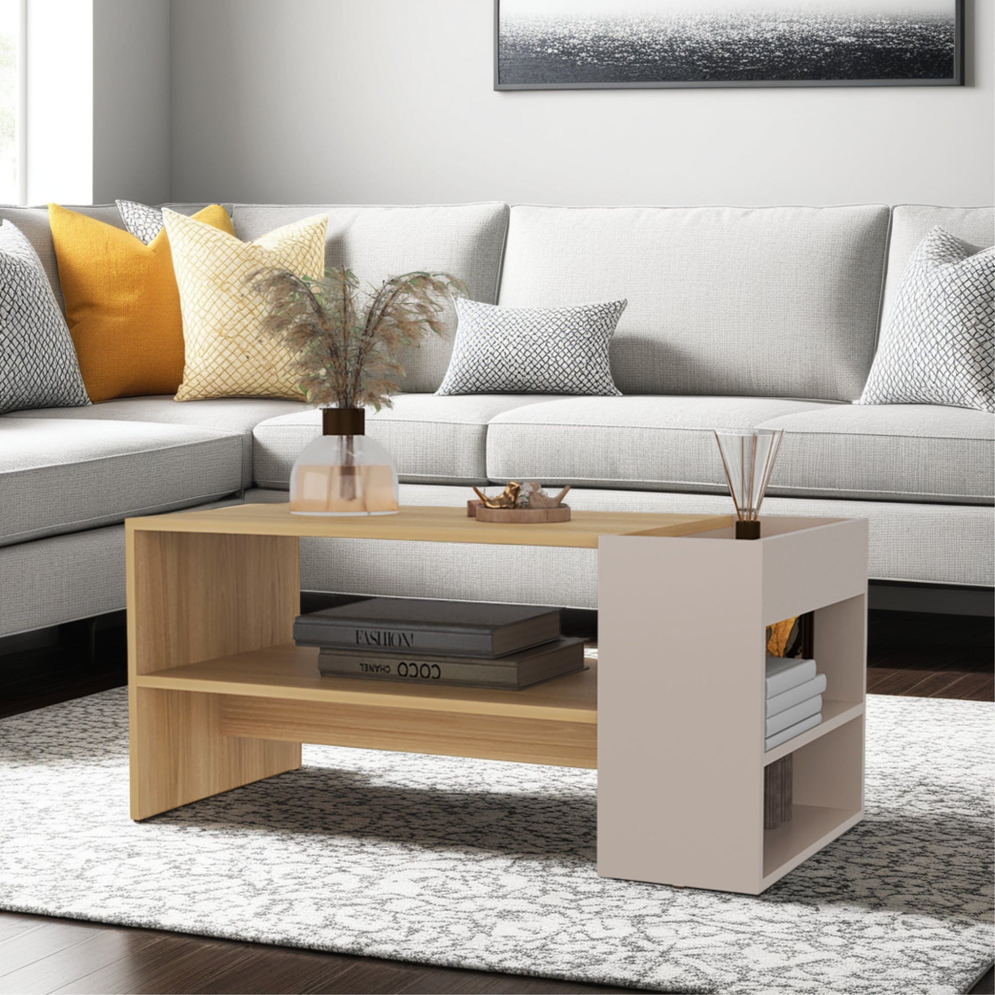 MESA CENTRO 42X91X45 CM BEIGE Y CAFE CLARO - 5