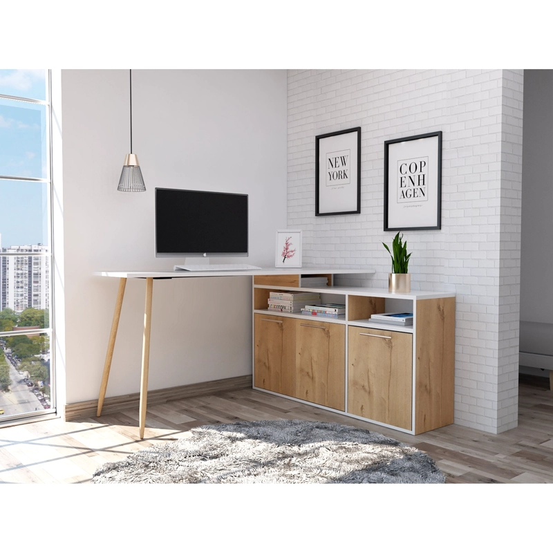ESCRITORIO EN L ESQUINERO 72,5X130X120 CAFE  CLARO Y BLANCO - 12