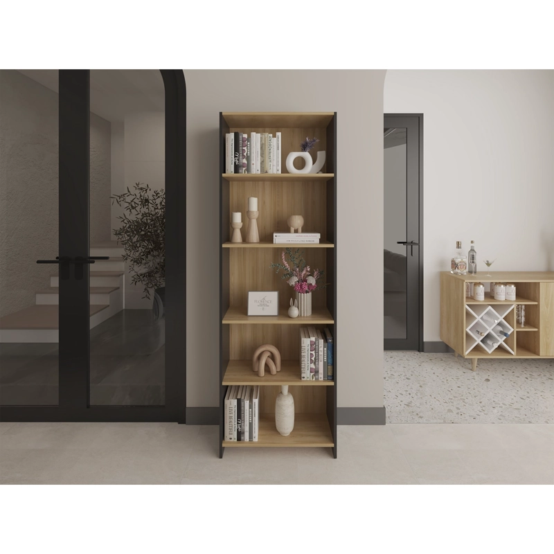 MUEBLE BIBLIOTECA CON 5 REPISAS 180,6X63X26,6 CM CAFE  CLARO Y NEGRO - 6