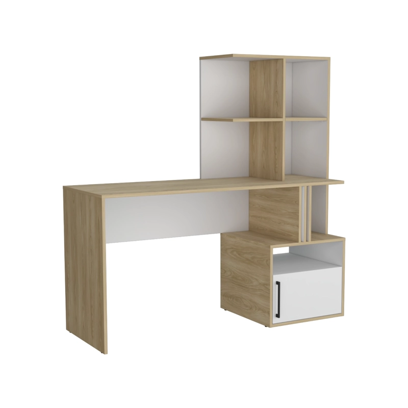 ESCRITORIO CON BIBLIOTECA INCORPORADA 1 PUERTA 140 CM BLANCO Y CAFE  CLARO - 1