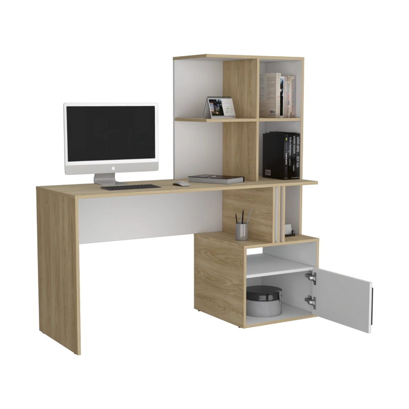 ESCRITORIO CON BIBLIOTECA INCORPORADA 1 PUERTA 140 CM BLANCO Y CAFE  CLARO - 3