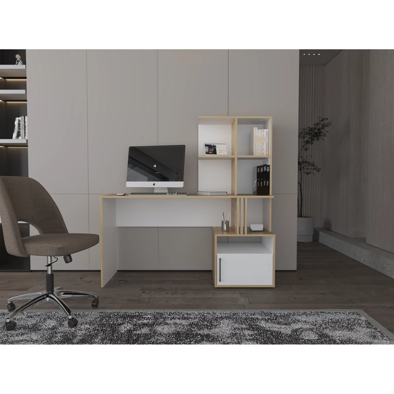 ESCRITORIO CON BIBLIOTECA INCORPORADA 1 PUERTA 140 CM BLANCO Y CAFE  CLARO - 6