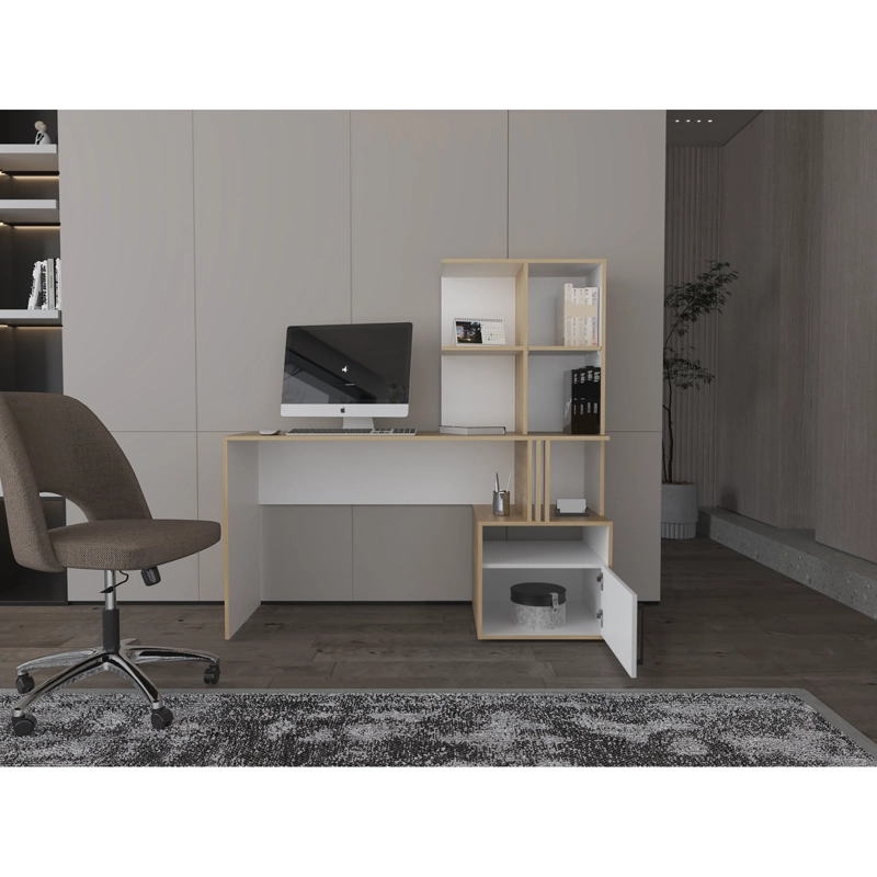 ESCRITORIO CON BIBLIOTECA INCORPORADA 1 PUERTA 140 CM BLANCO Y CAFE  CLARO - 7