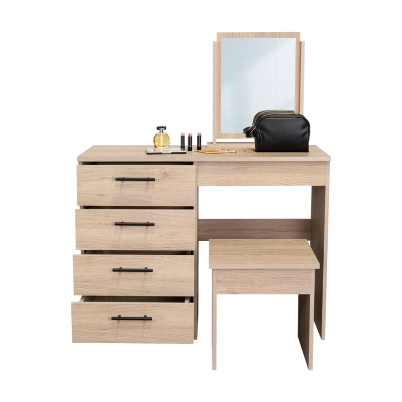 MUEBLE DE TOCADOR CON ESPEJO 4 CAJONES Y SILLA 126X100X42 CM CAFE  CLARO Y BLANCO - 3