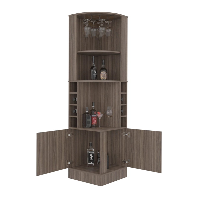 BAR ESQUINERO 2 PUERTAS 8 BOTELLEROS Y PORTACOPAS 180,6X46,9X46,9 CM CAFE - 1