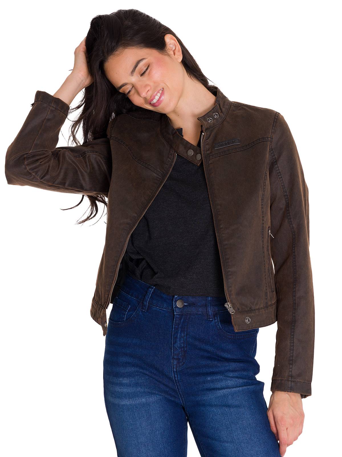 CHAQUETA CASUAL WAXED MOTO MUJER CAFÉ OSCURA CAT - 1