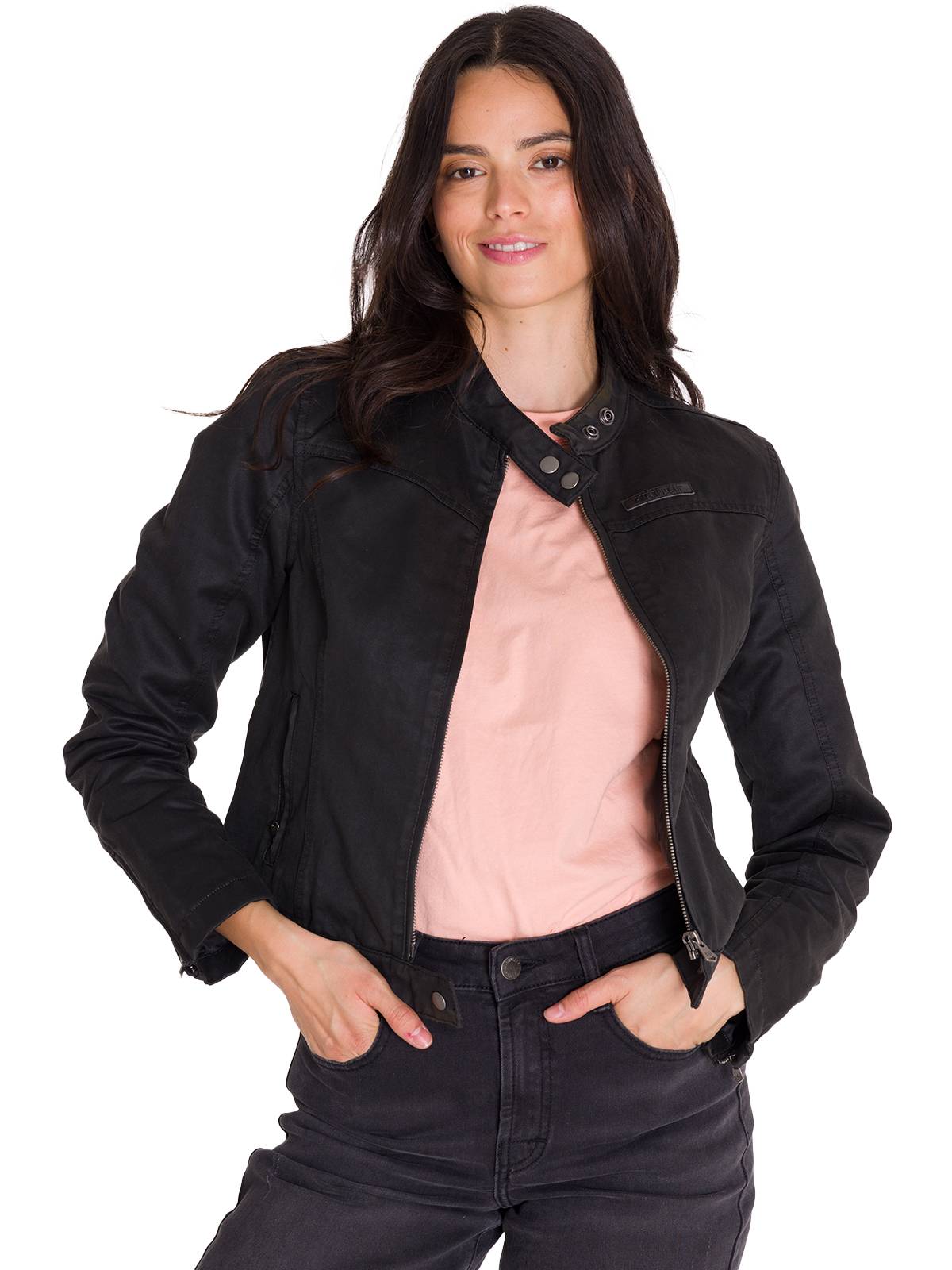 CHAQUETA CASUAL WAXED MOTO MUJER NEGRA CAT - 4