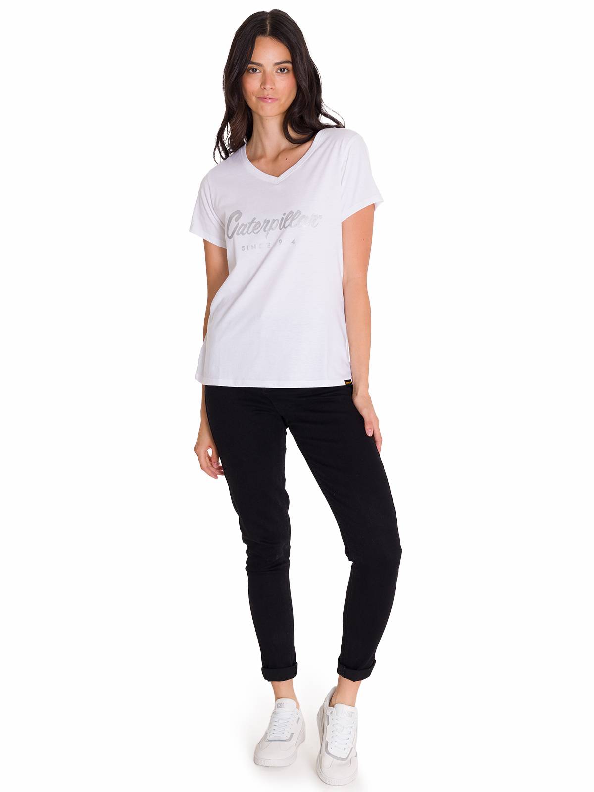 POLERA METALLIC SCRIPT V-NECK MUJER BLANCA CAT - 6