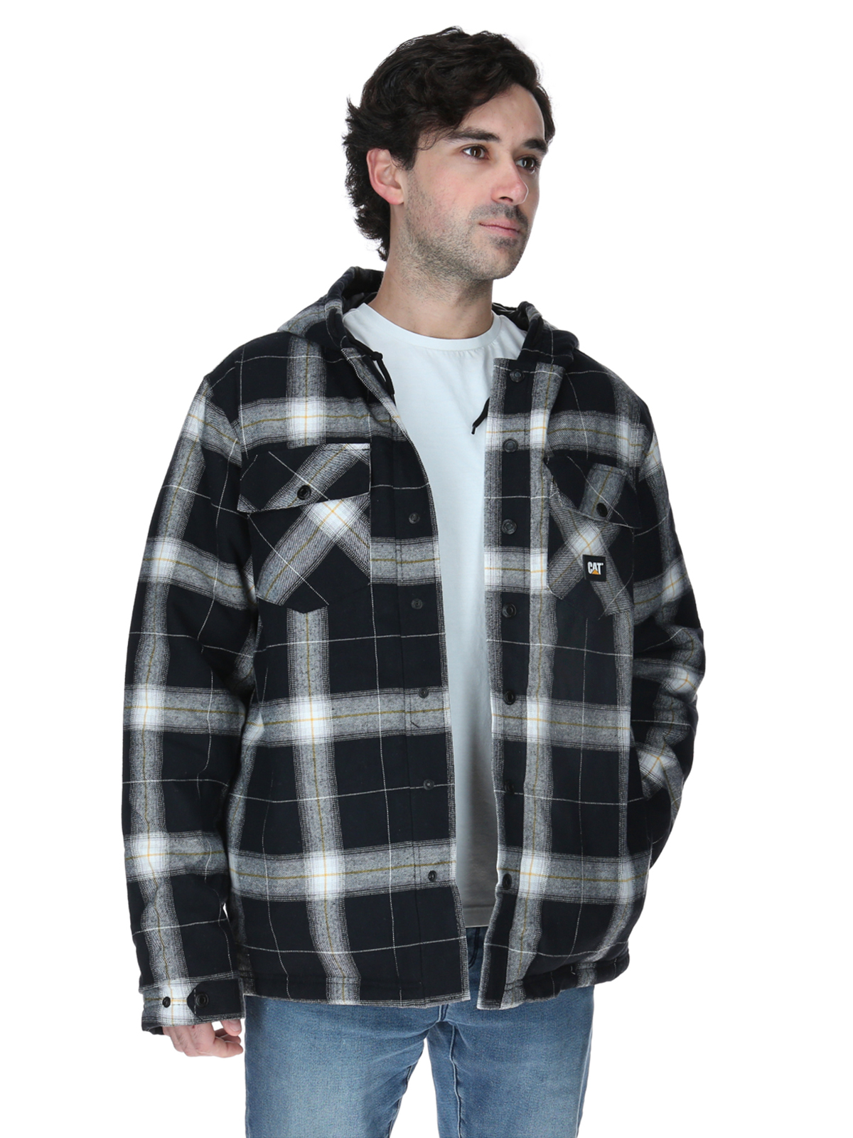 CHAQUETA HOODED FLANNEL HOMBRE EN COLOR NEGRO Y EN COLOR BLANCO CAT - 1