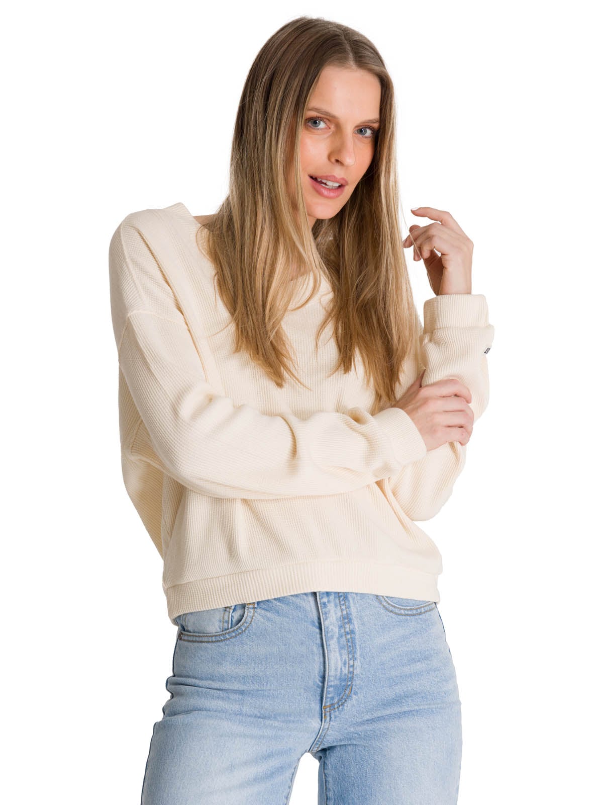 POLERON CUELLO EN V MUJER OVERSIZE WAFFLE BLANCO CAT - 1