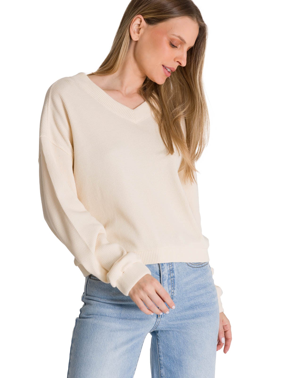 POLERON CUELLO EN V MUJER OVERSIZE WAFFLE BLANCO CAT - 2