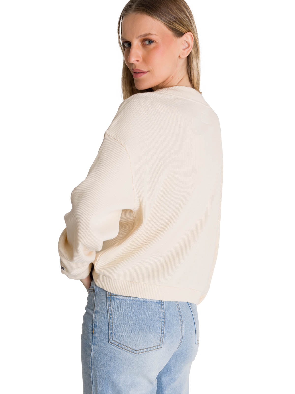 POLERON CUELLO EN V MUJER OVERSIZE WAFFLE BLANCO CAT - 4