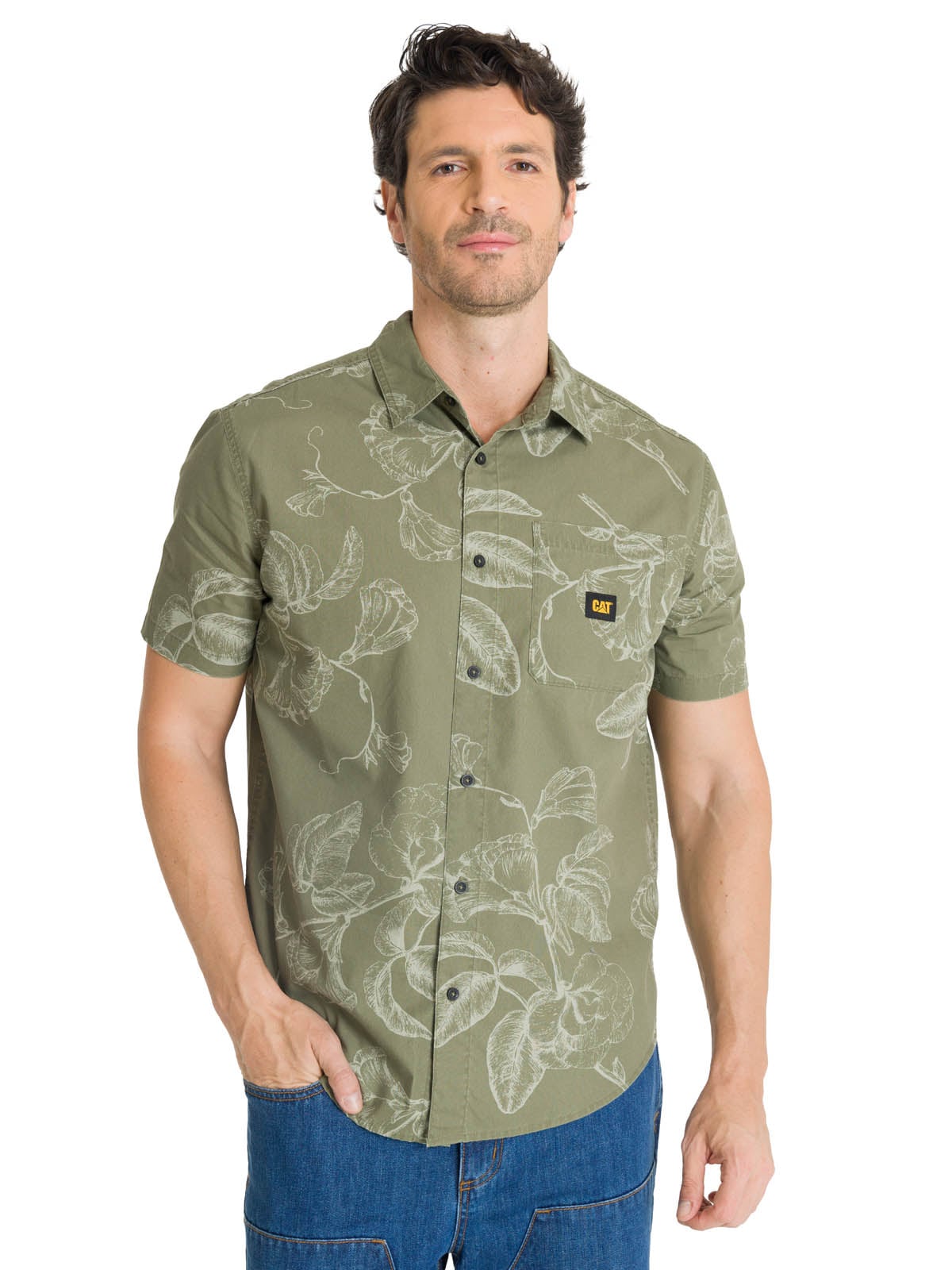 CAMISA MANGA CORTA HOMBRE PRINTED POPLIN VERDE CAT - 1