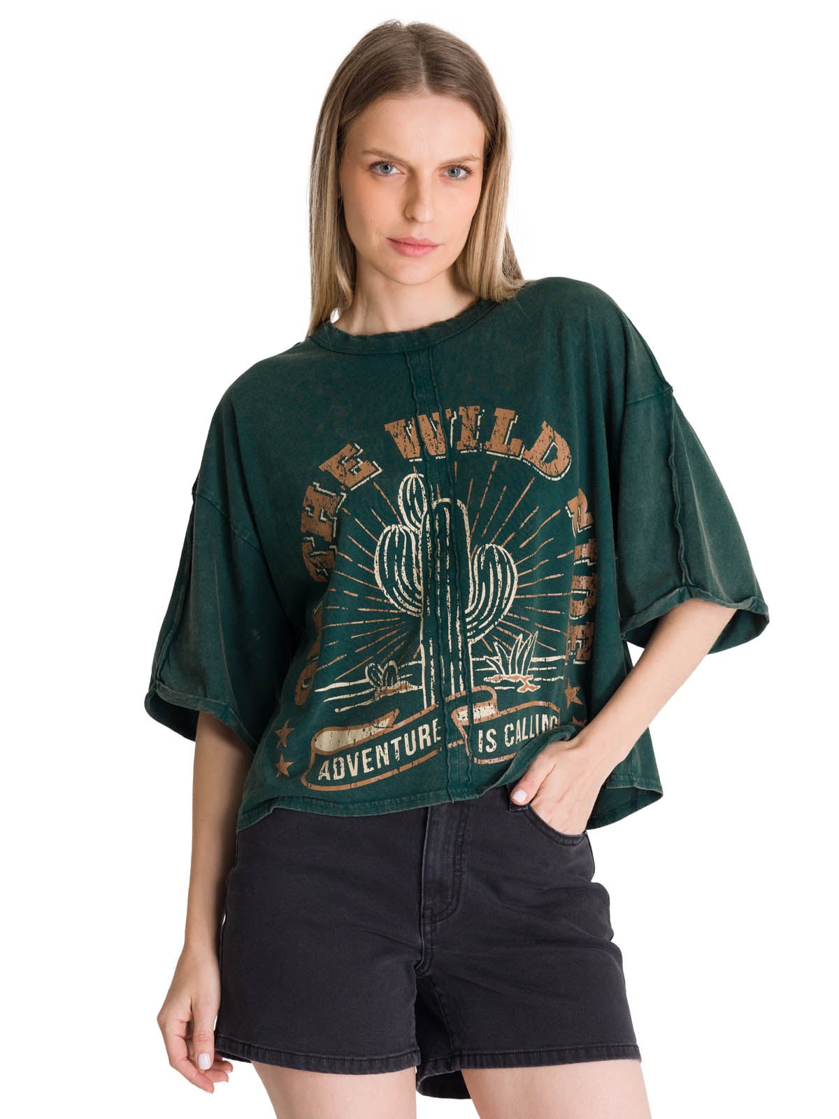 POLERA MANGA CORTA OVERSIZE MUJER DISEÑO VERDE CAT - 1