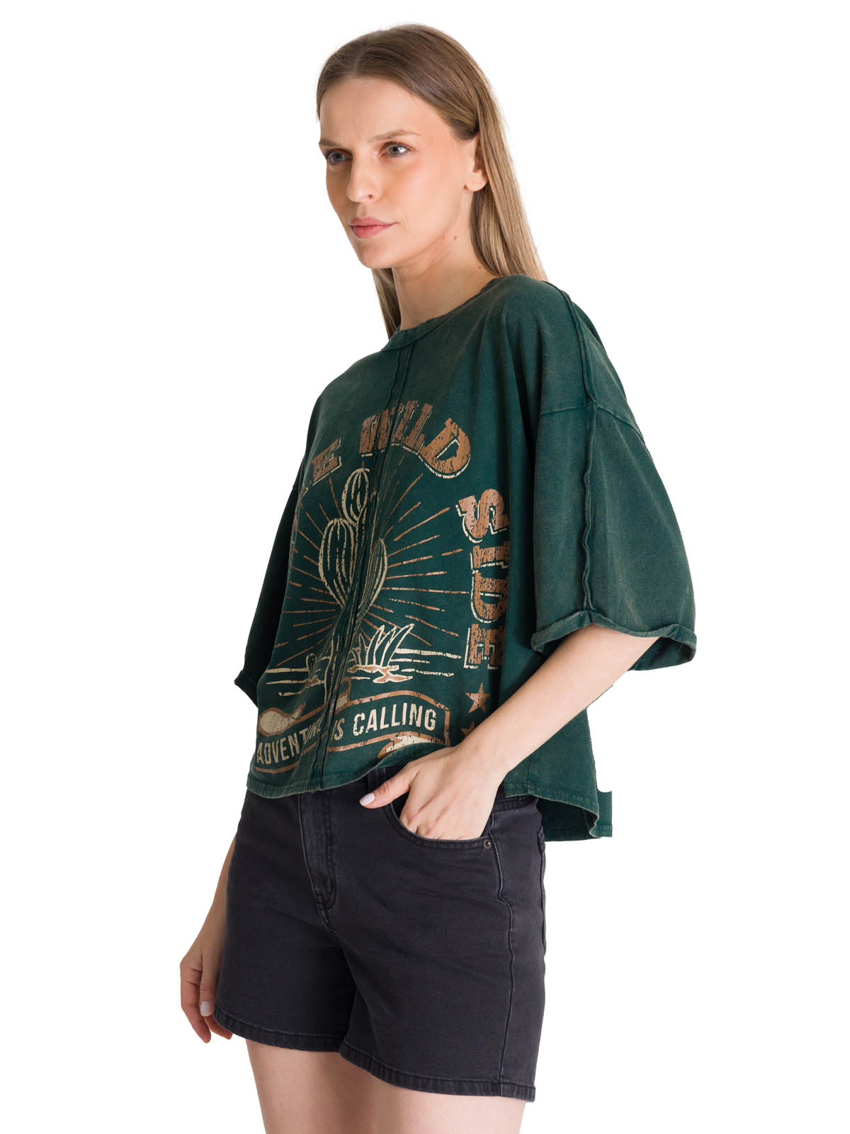 POLERA MANGA CORTA OVERSIZE MUJER DISEÑO VERDE CAT - 2