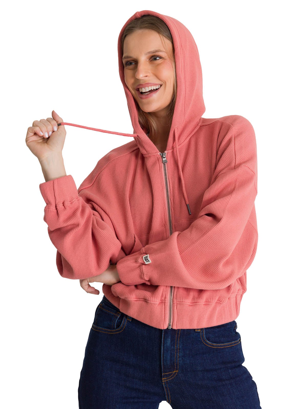 POLERON CON GORRO MUJER WAFFLE-KNIT SALMON CAT - 2