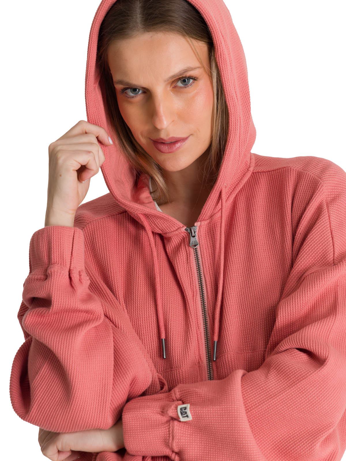 POLERON CON GORRO MUJER WAFFLE-KNIT SALMON CAT - 5