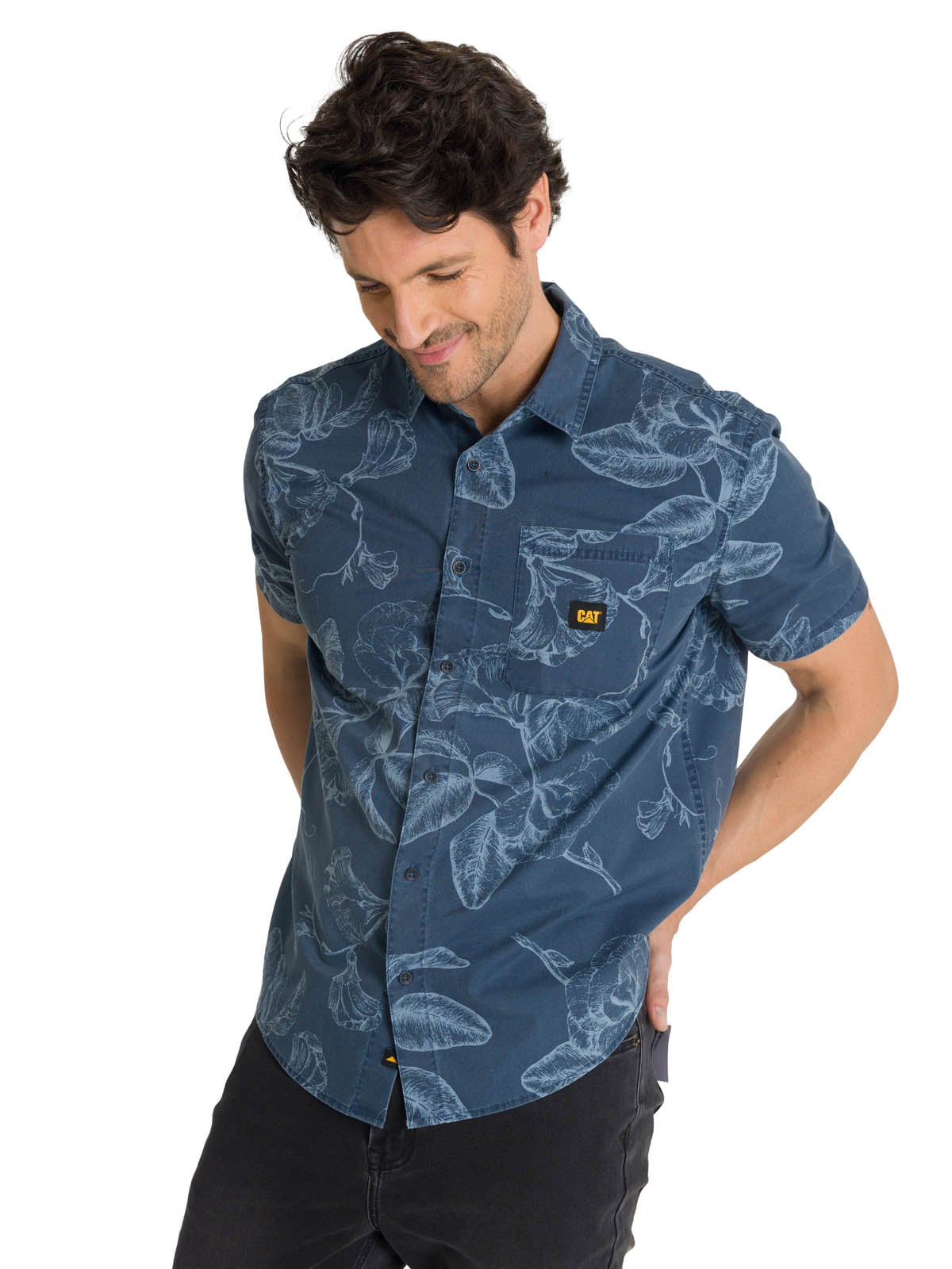 CAMISA MANGA CORTA HOMBRE PRINTED POPLIN AZUL CAT - 2