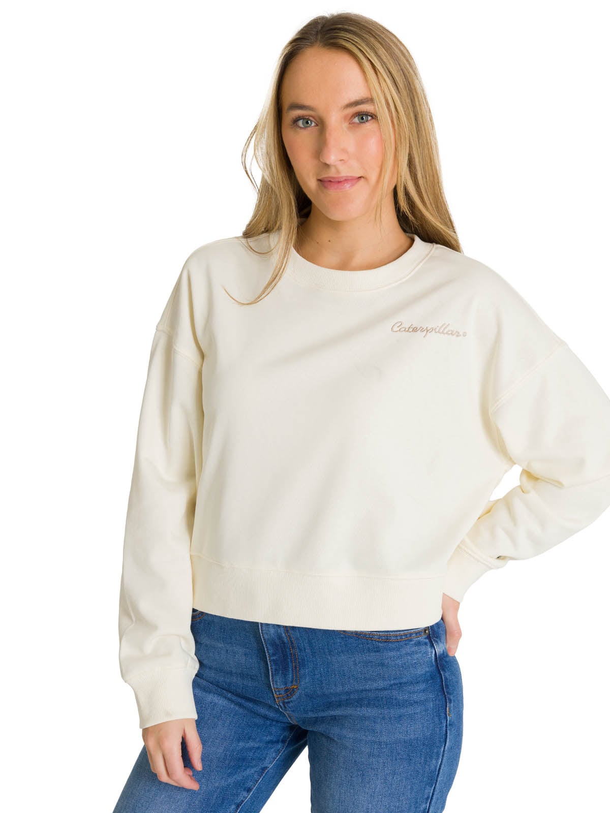 POLERON FULL ZIP MUJER RELAXED FRENCH TERRY BLANCO CAT - 1
