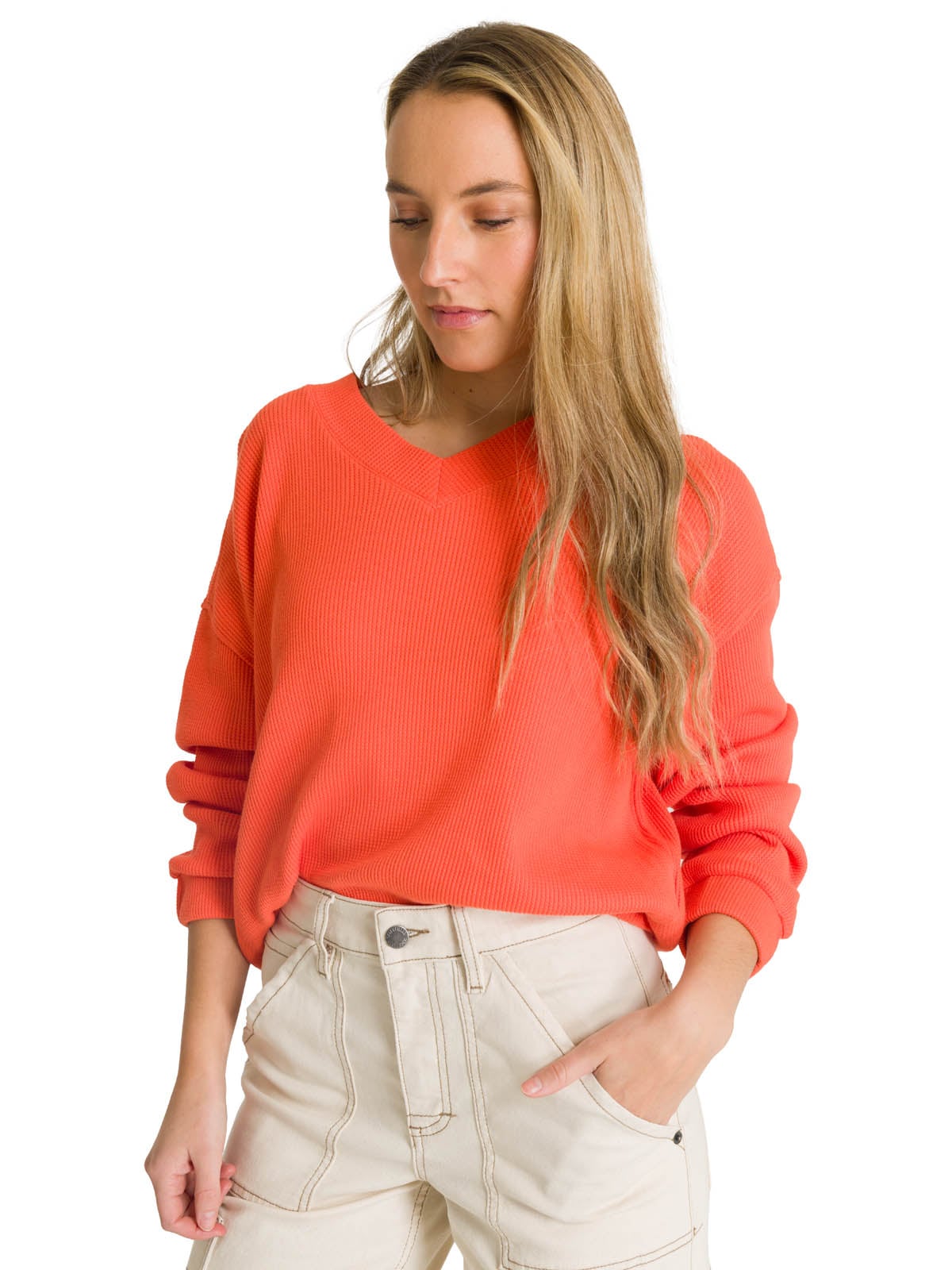 POLERON CUELLO EN V MUJER OVERSIZE WAFFLE SALMON CAT - 1