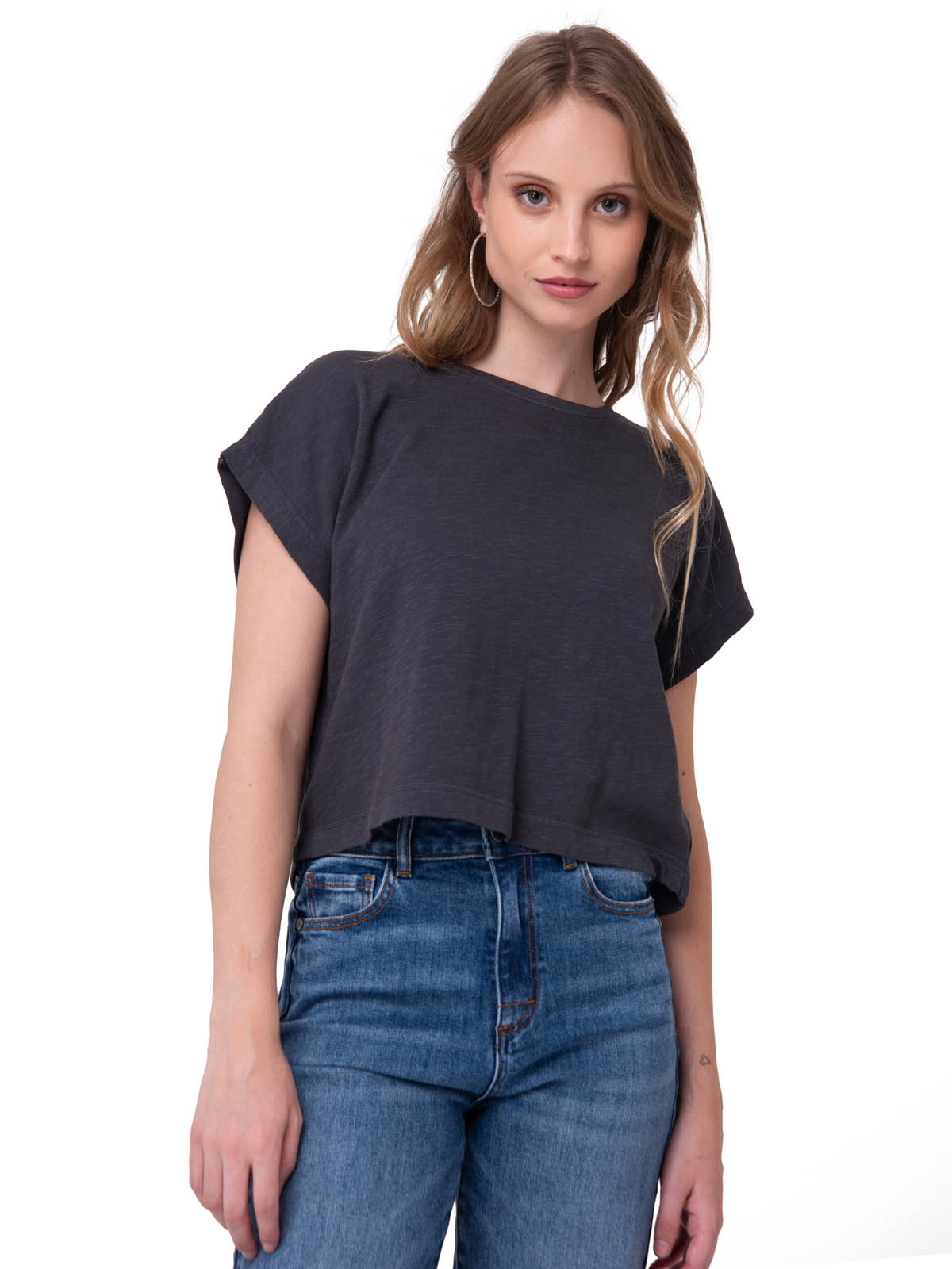 POLERA MANGA CORTA MUJER SLUB KNIT FASHION NEGRO CAT - 1