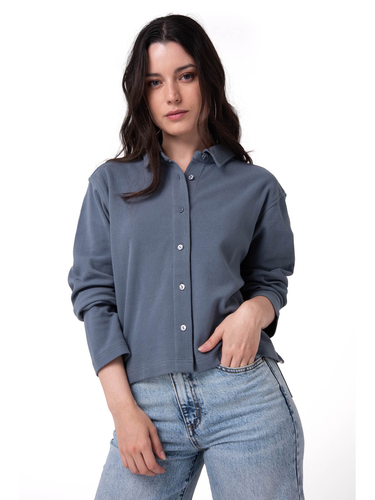 CAMISA MANGA LARGA MUJER WAFFLE KNIT AZUL CAT - 1