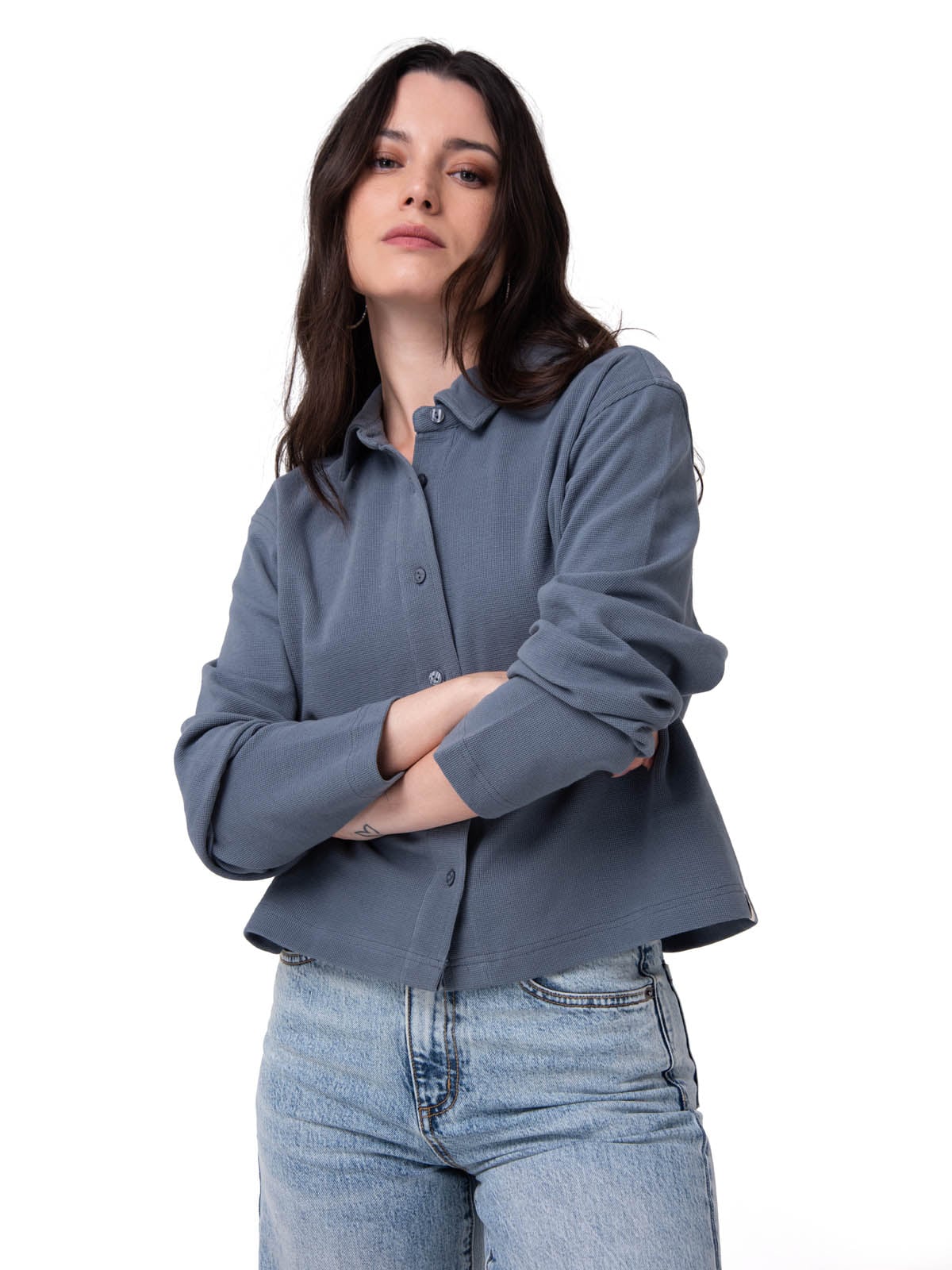 CAMISA MANGA LARGA MUJER WAFFLE KNIT AZUL CAT - 2