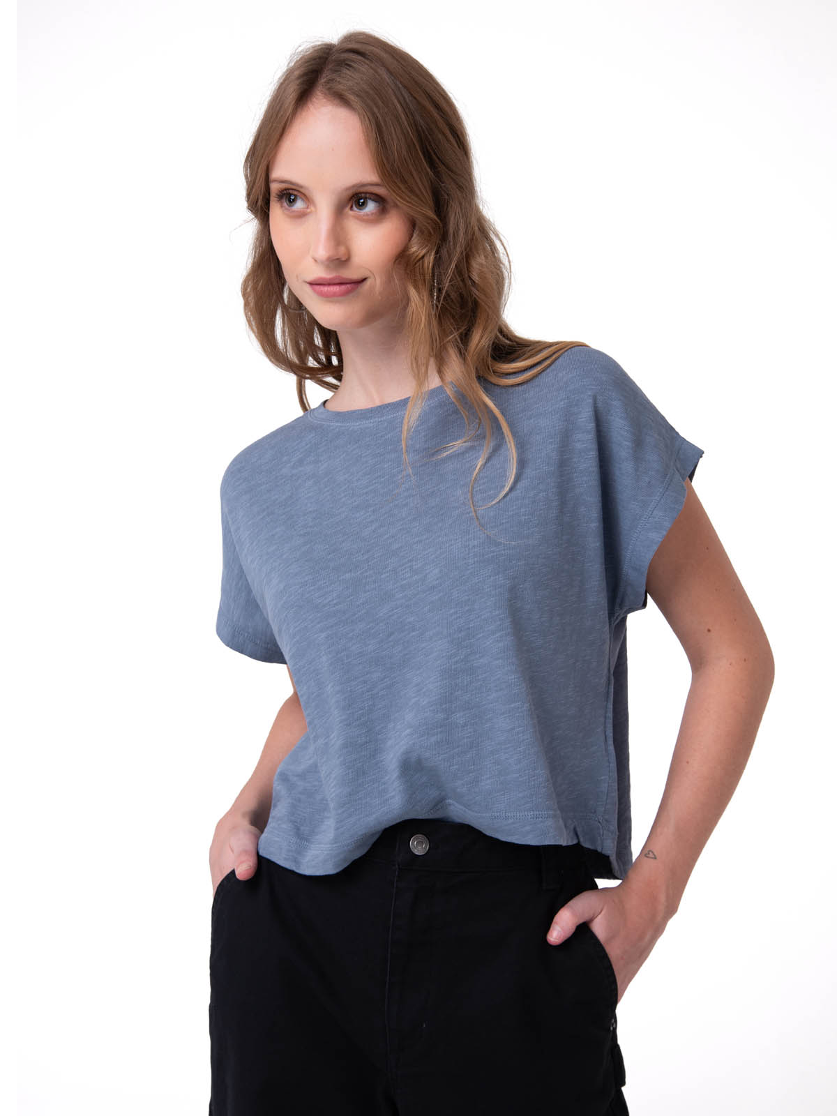 POLERA MANGA CORTA MUJER SLUB KNIT FASHION AZUL CAT - 1