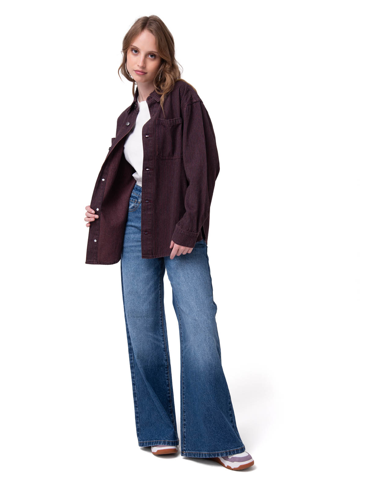 CAMISA DENIM MUJER OVERSIZED LINEAS BURDEO CAT - 1