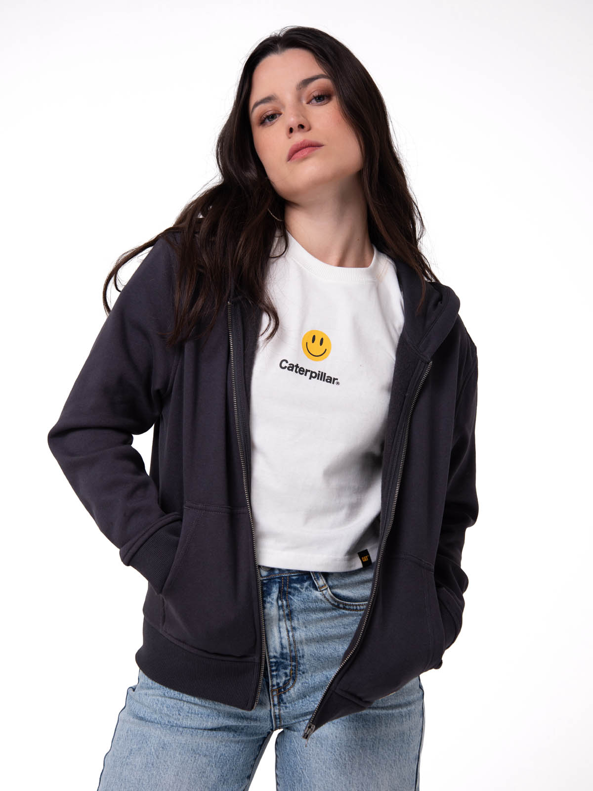 POLERON MUJER PATCH FULL ZIP NEGRO CAT - 1