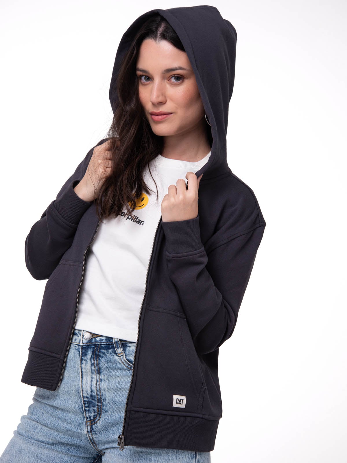 POLERON MUJER PATCH FULL ZIP NEGRO CAT - 2