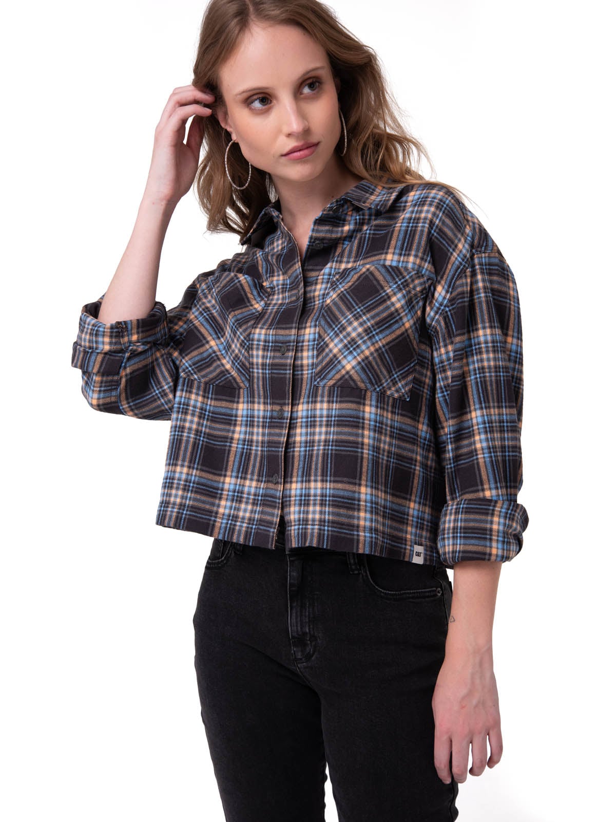 CAMISA MANGA LARGA MUJER CROPPED FLANNEL NEGRO CAT - 1
