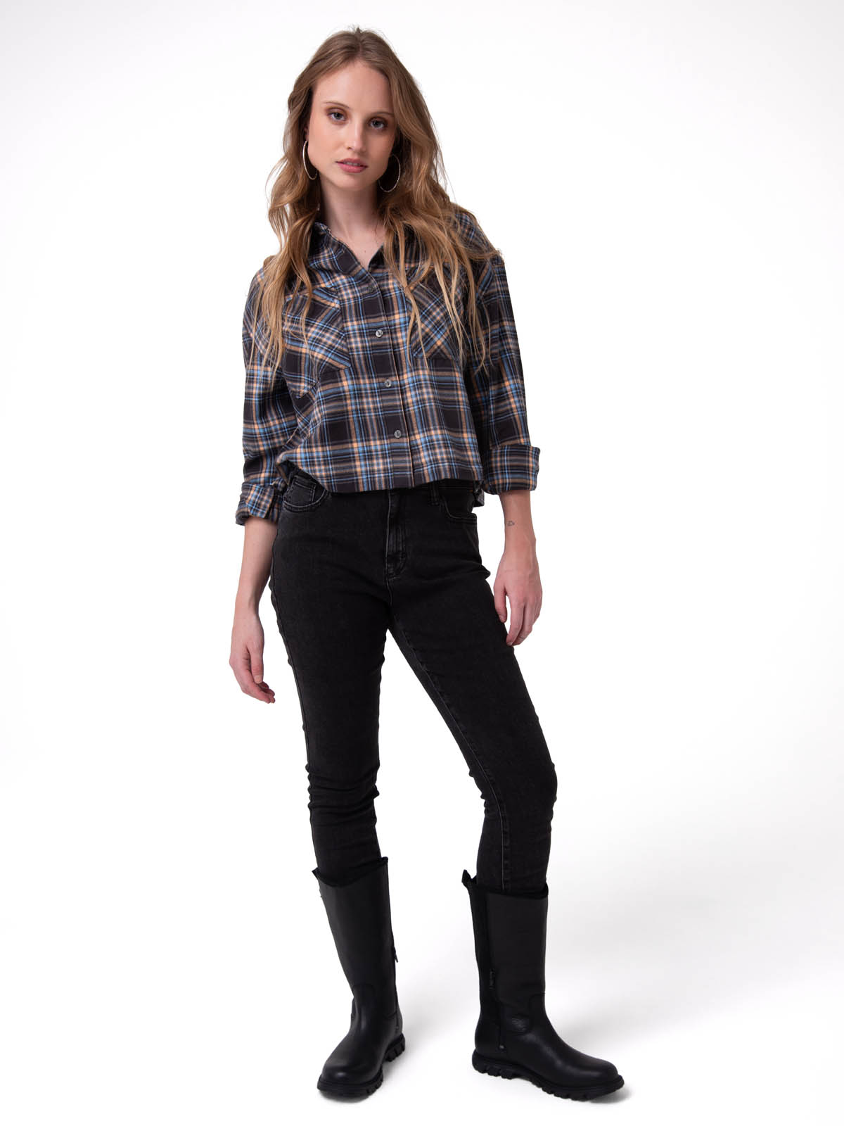 CAMISA MANGA LARGA MUJER CROPPED FLANNEL NEGRO CAT - 6