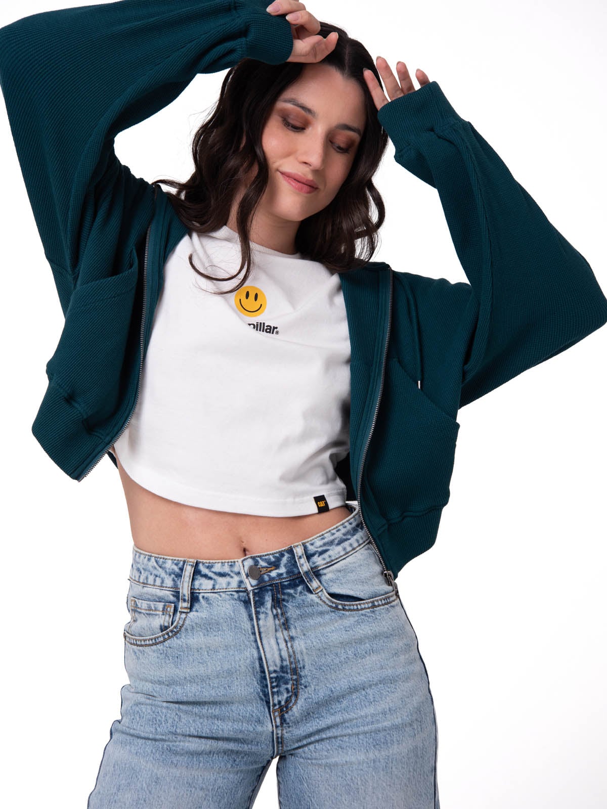 POLERON MUJER WAFFLE-KNIT CROPPED VERDE OSCURO CAT - 2