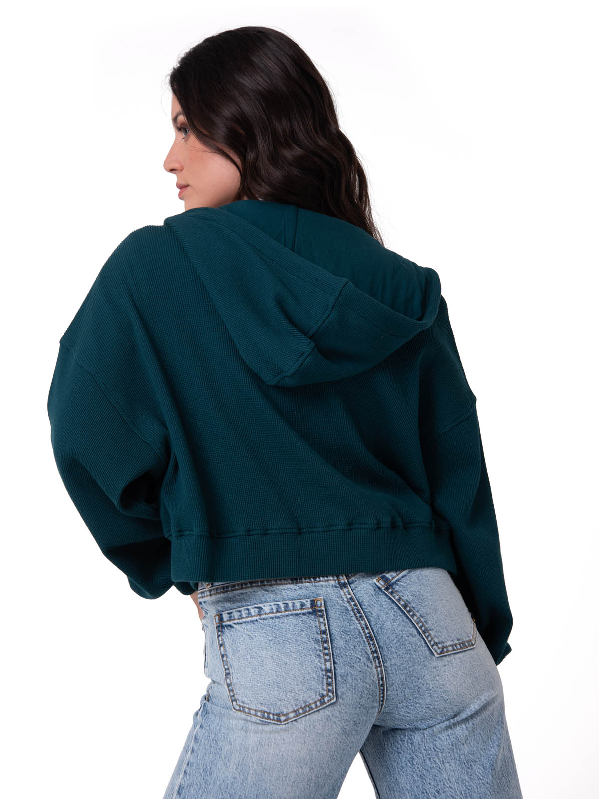 POLERON MUJER WAFFLE-KNIT CROPPED VERDE OSCURO CAT - 4