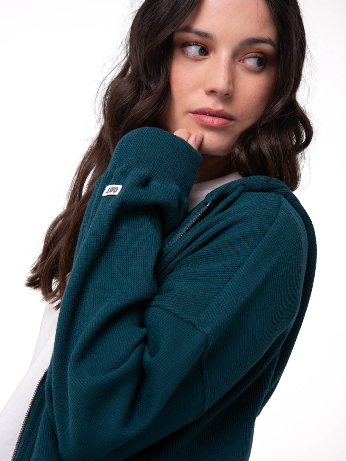 POLERON MUJER WAFFLE-KNIT CROPPED VERDE OSCURO CAT - 5