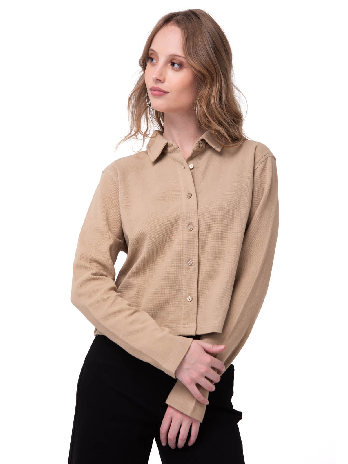 CAMISA MANGA LARGA MUJER WAFFLE KNIT BEIGE CAT - 1