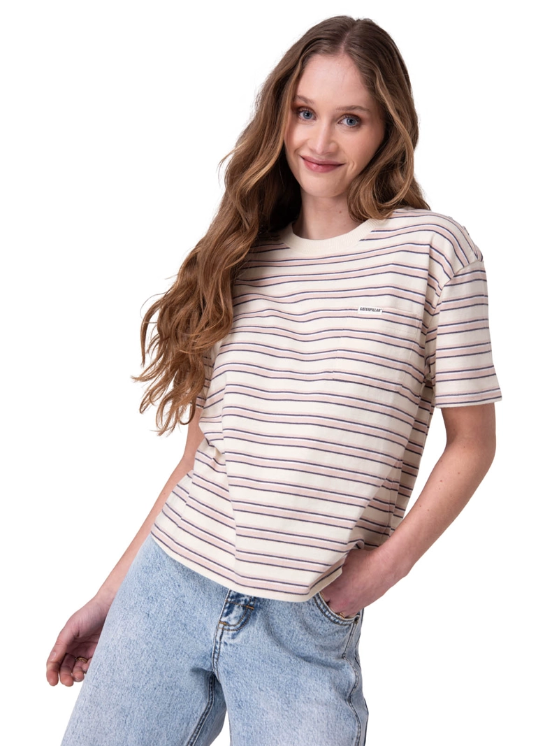 POLERA MANGA CORTA BOXY STRIPE POCKET T MUJER BLANCO CAT - 1