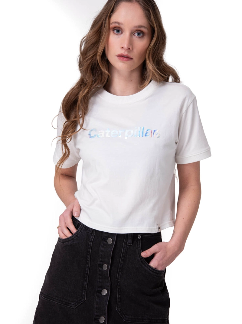 POLERA MANGA CORTA CROP METALLIC GRAPHI MUJER BLANCO CAT - 1
