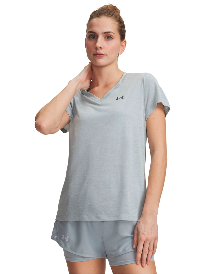 POLERA MANGA CORTA TECH TWIST V-NECK GRIS MUJER UNDER ARMOUR - 1