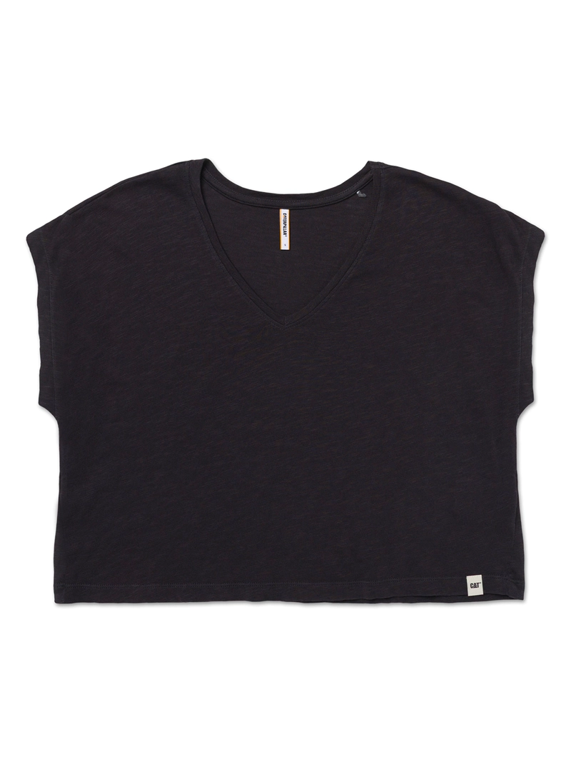 POLERA MANGA CORTA MUJER SLUB KNIT DEEP V-NEC NEGRO CAT - 1