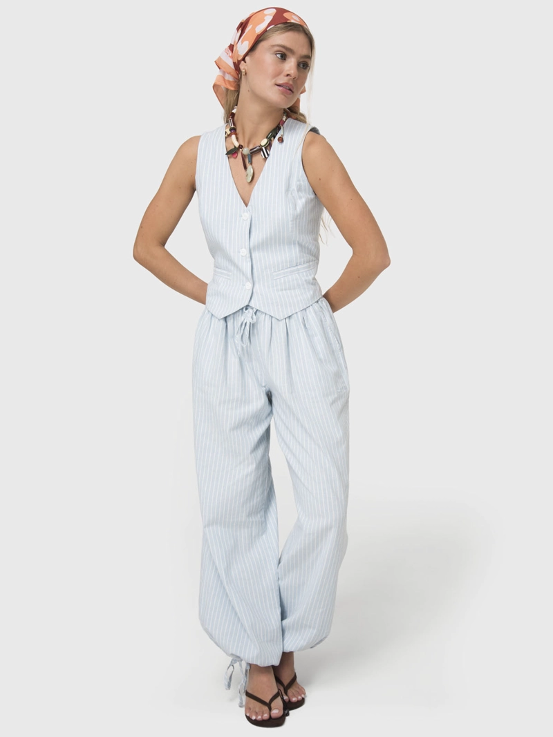 CHAQUETA SIN MANGAS MUJER LINEN GILET CELESTE BSOUL - 6