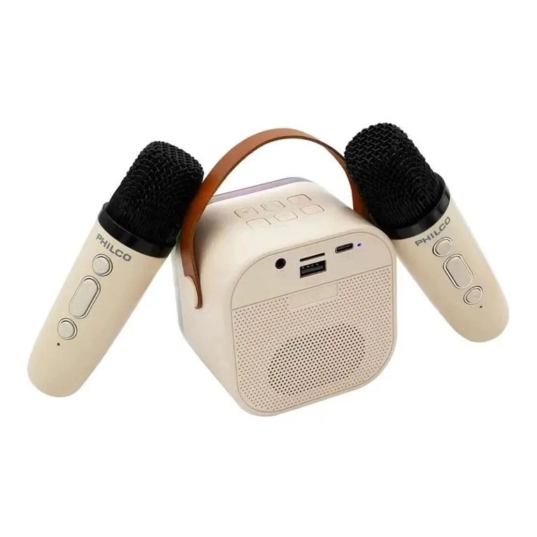 MINI PARLANTE KARAOKE INFANTIL BLANCO CON 2 MICROFONOS INALAMBRICOS PHILCO 731W - 1