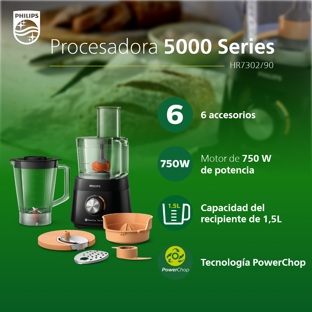 PROCESADOR ALIMENTOS PHILIPS HR7302/90 750 W LICUADORA - 3