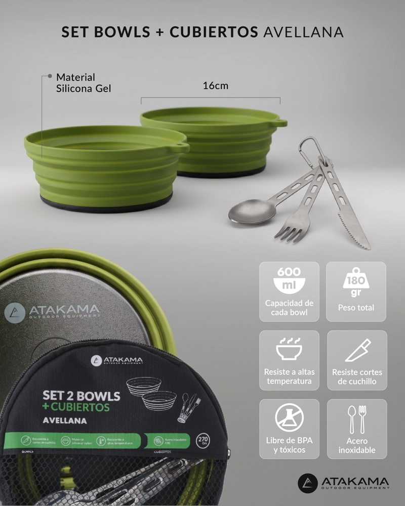 SET ATAKAMA OUTDOOR CAMPING 2 BOWLS COMPACTABLES + CUBIERTOS AVELLANA - 5