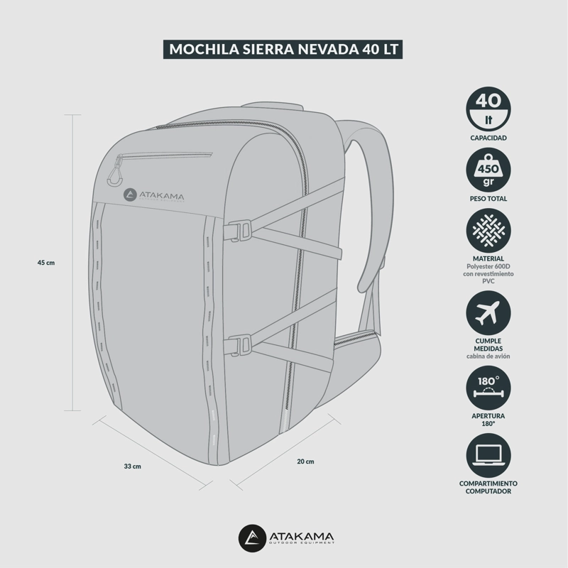 MOCHILA DE VIAJE  SIERRA NEVADA NEGRA 40 LT ATAKAMA OUTDOOR - 4