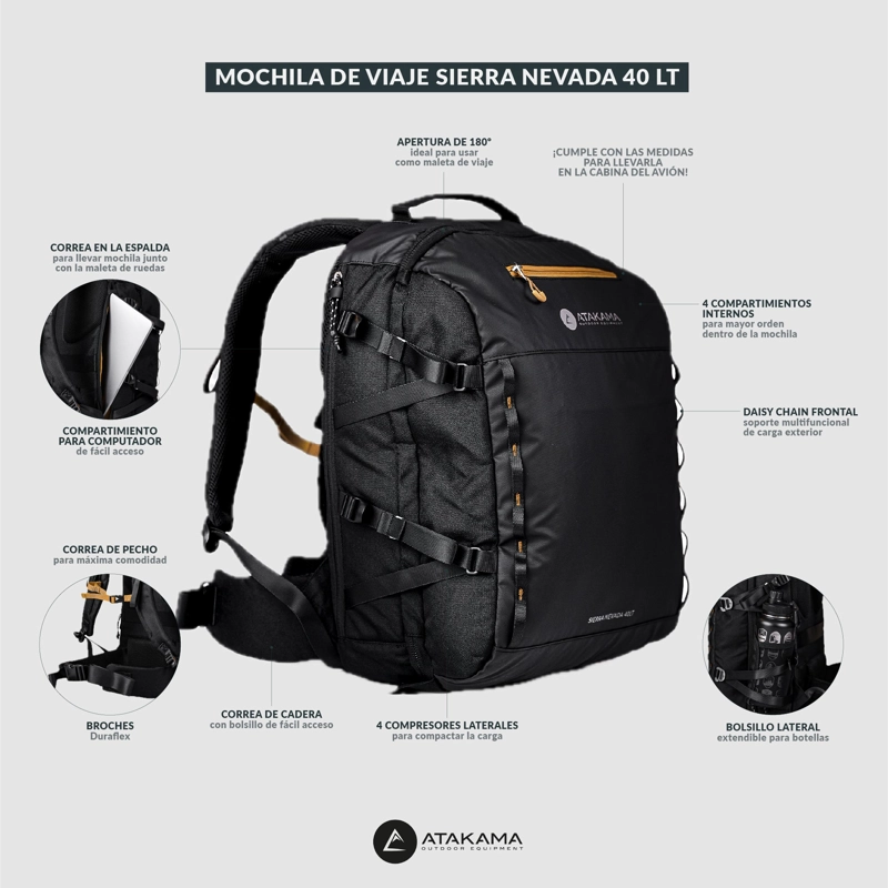 MOCHILA DE VIAJE  SIERRA NEVADA NEGRA 40 LT ATAKAMA OUTDOOR - 5