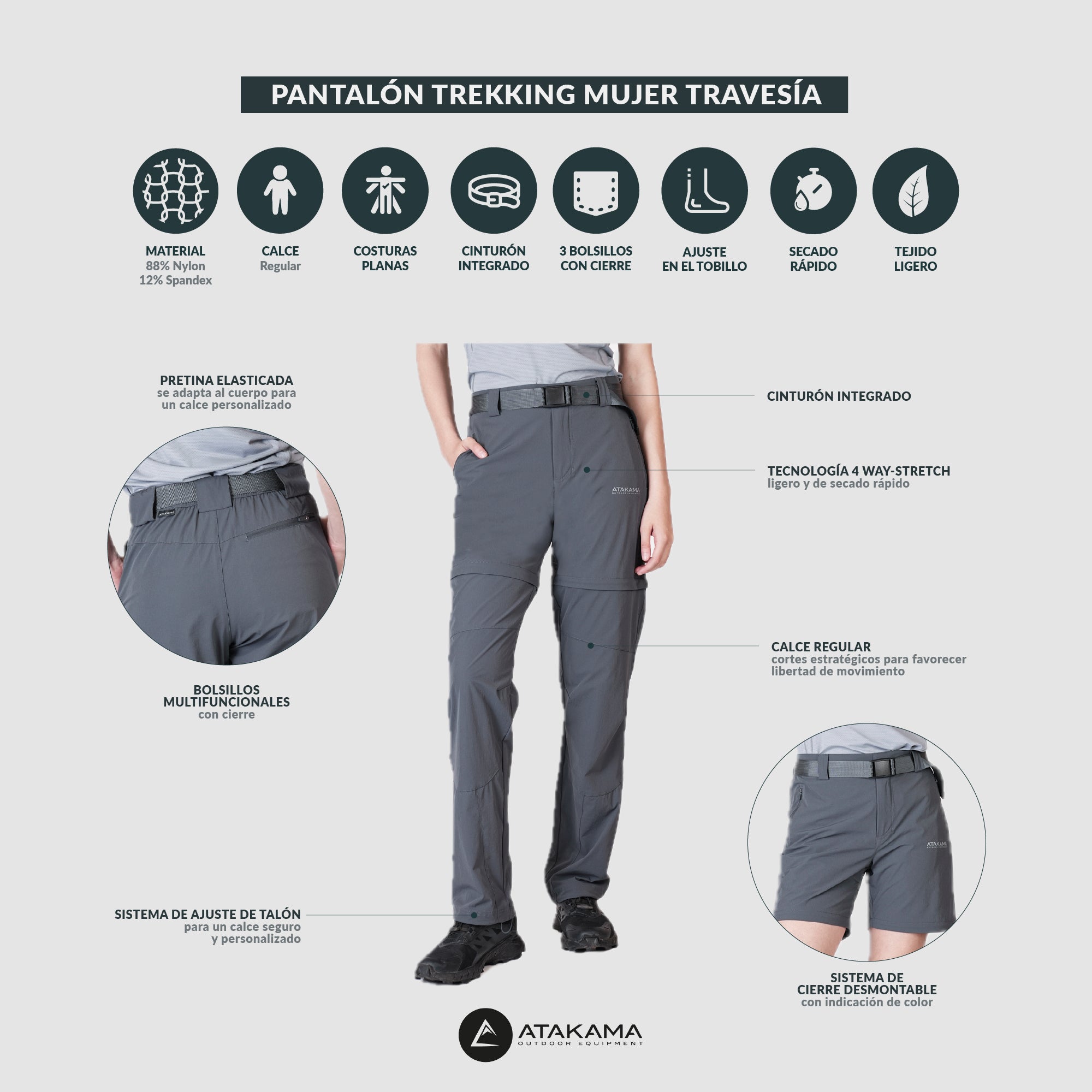 PANTALON DESMONTABLE MUJER TRAVESIA GRIS ATAKAMA OUTDOOR - 8