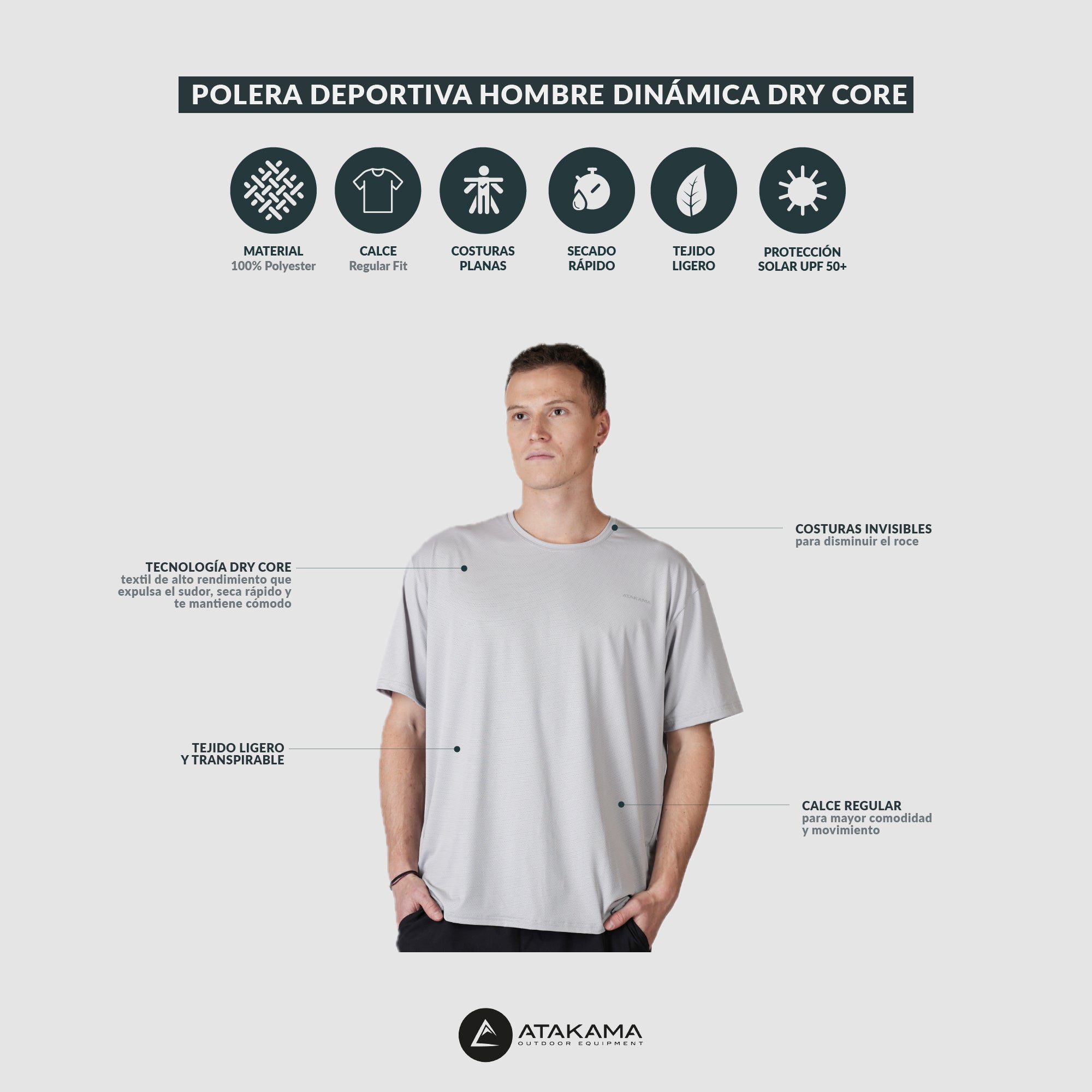 POLERA DEPORTIVA DRY CORE HOMBRE DINAMICA GRIS CLARO ATAKAMA OUTDOOR - 7