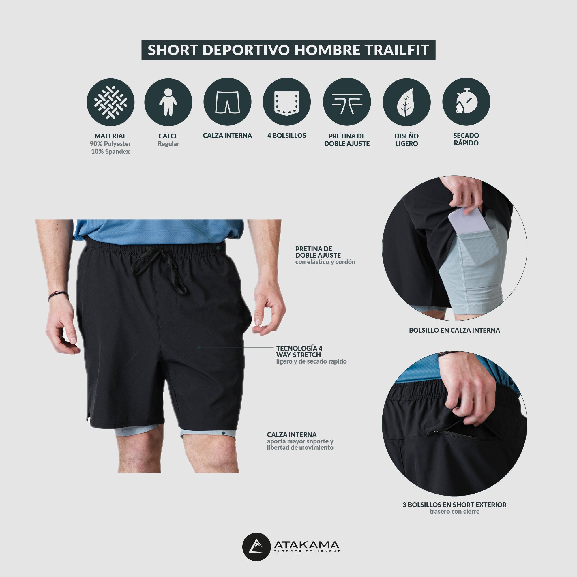 SHORT DEPORTIVO HOMBRE TRAILFIT NEGRO ATAKAMA OUTDOOR - 5